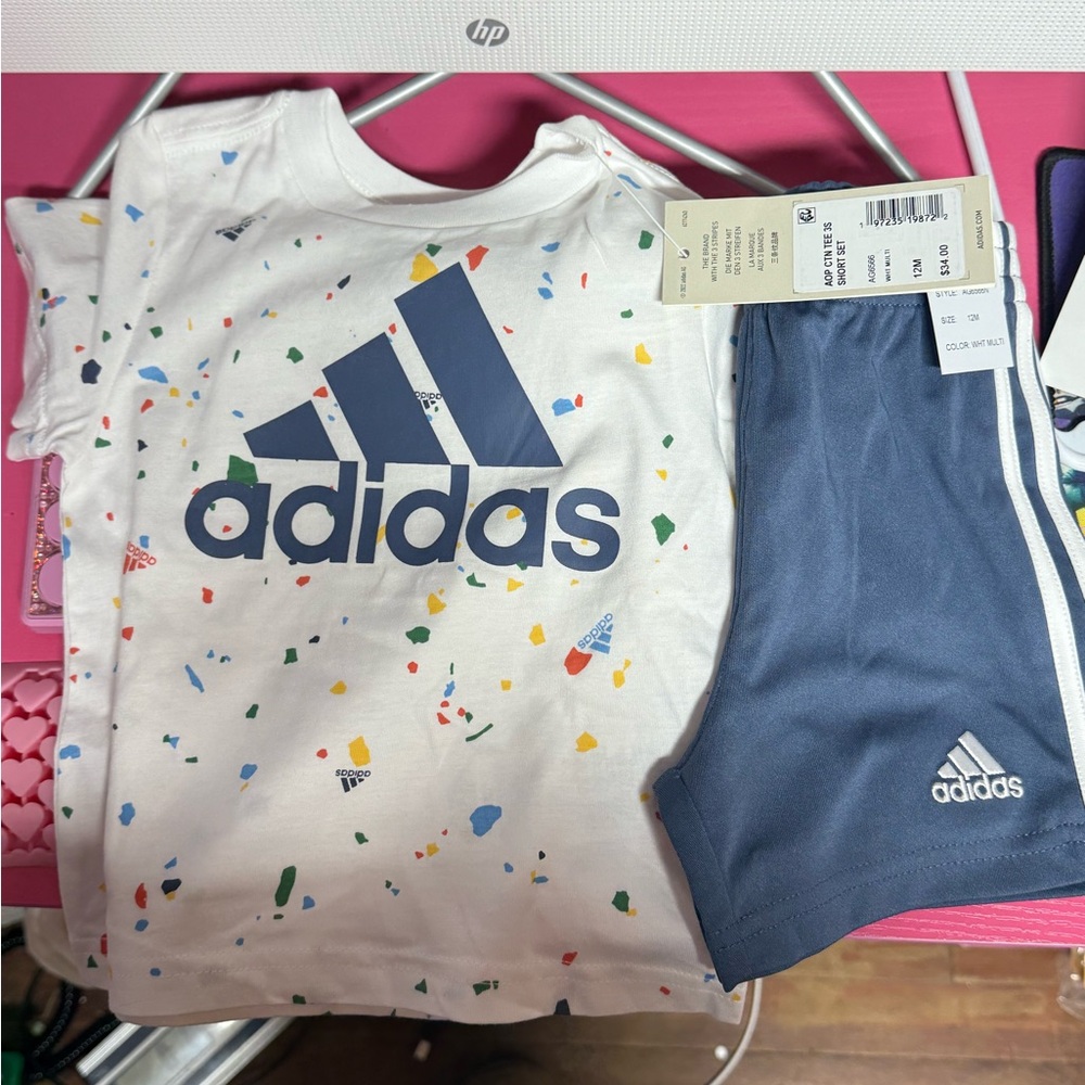 🚨SOLD🚨Adidas Boys Blue Splatter Adidas T-Shirt & Shorts Set Athletic Outfit
